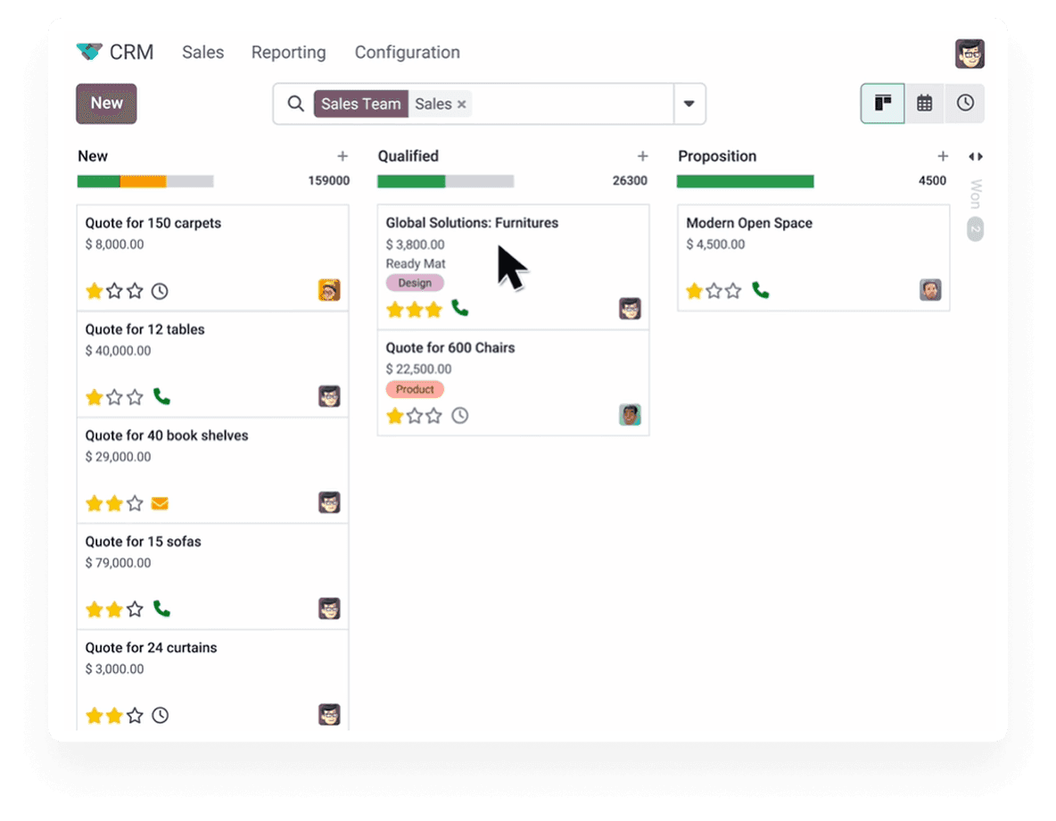 Odoo CRM Kanban pipeline view