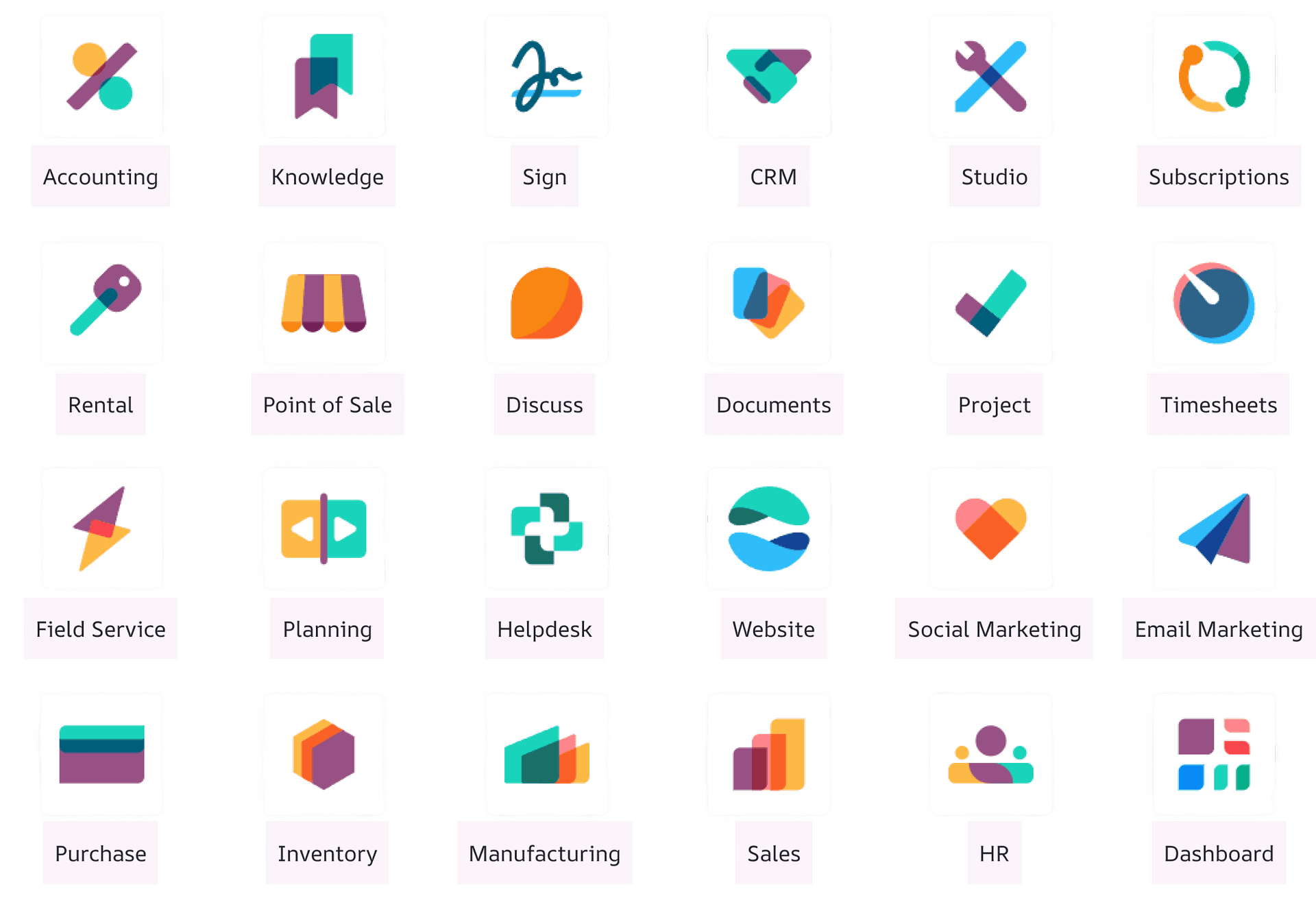Odoo ERP modules - CRM, Sales, Inventory, Accounting, Manufacturing, Project and more