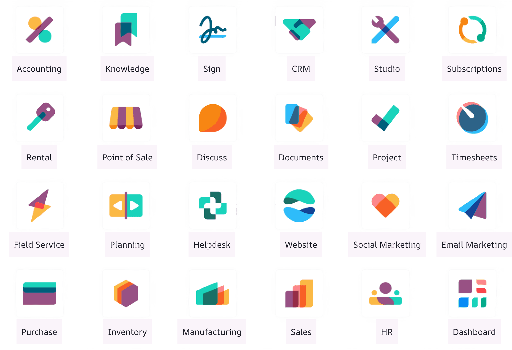 Odoo ERP modules - CRM, Sales, Inventory, Accounting, Manufacturing, Project and more