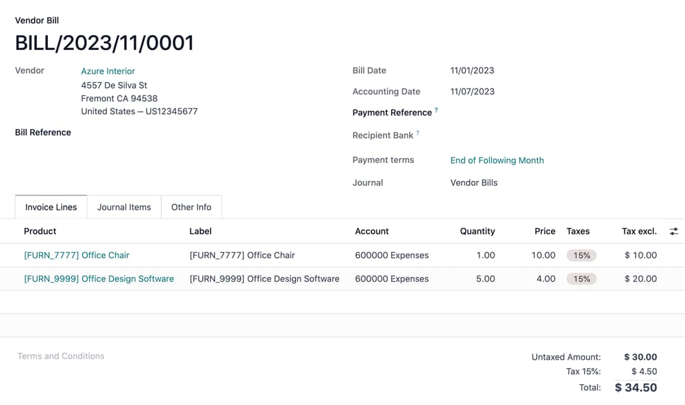 Vendor bill in Odoo