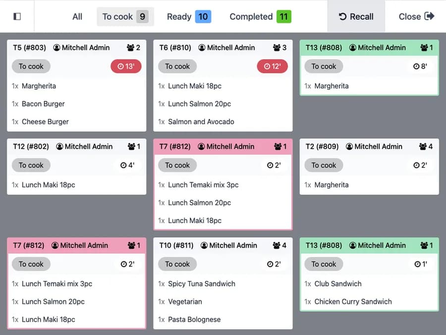 Odoo kitchen display showing order tickets per table across To cook, Ready and Completed