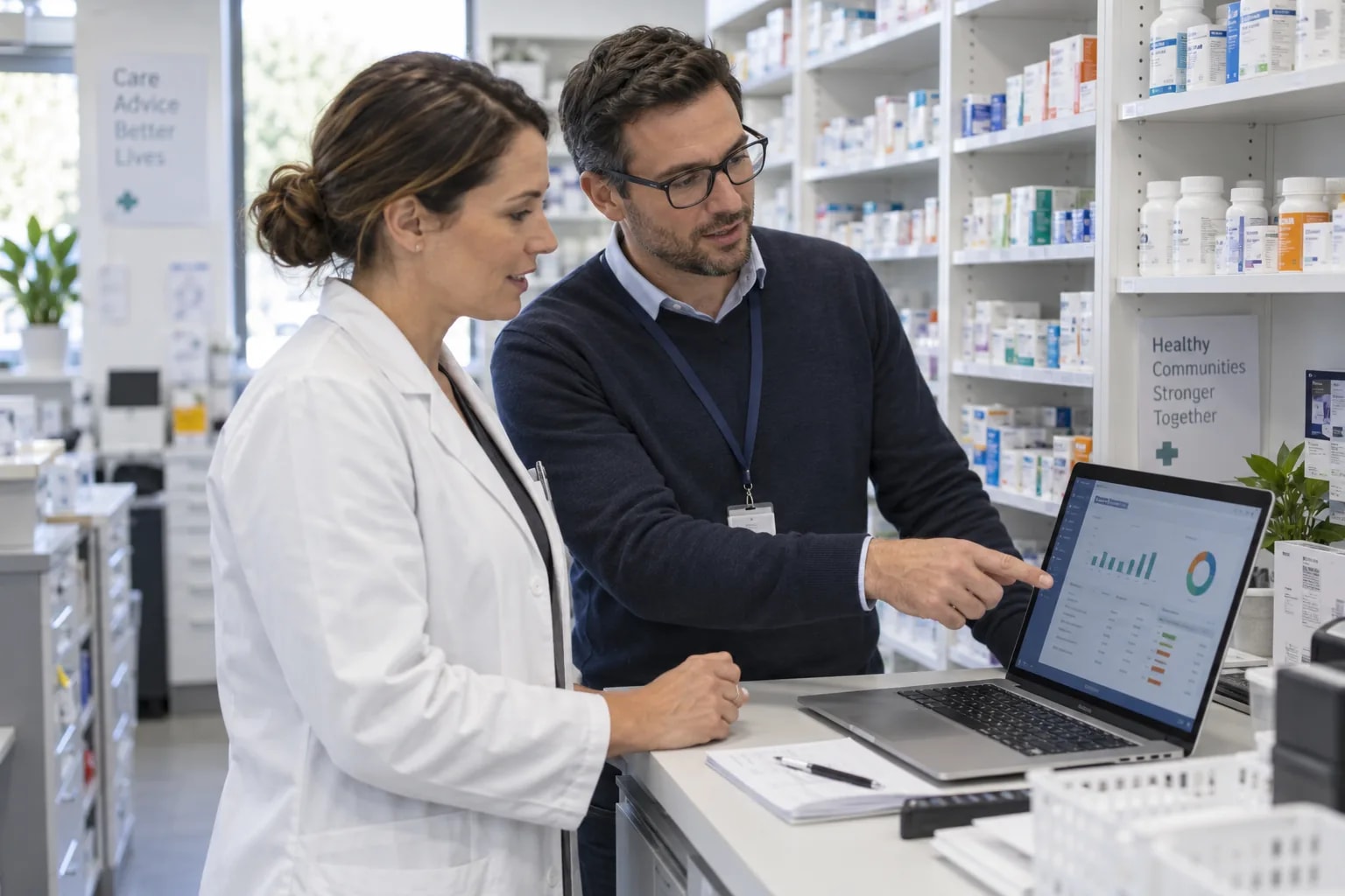 An AGM consultant and a pharmacist reviewing stock and expiry figures on a laptop at the pharmacy counter